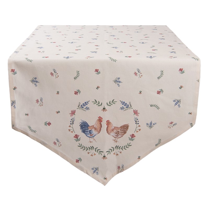 CAR65 Table Runner 50x160 cm Beige Blue Cotton Chicken and Rooster Tablecloth
