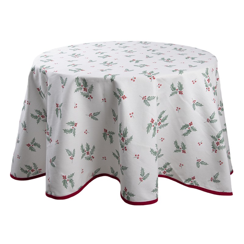 HCH07 Tablecloth Ø 170 cm White Red Cotton Holly Leaves Round Table cloth