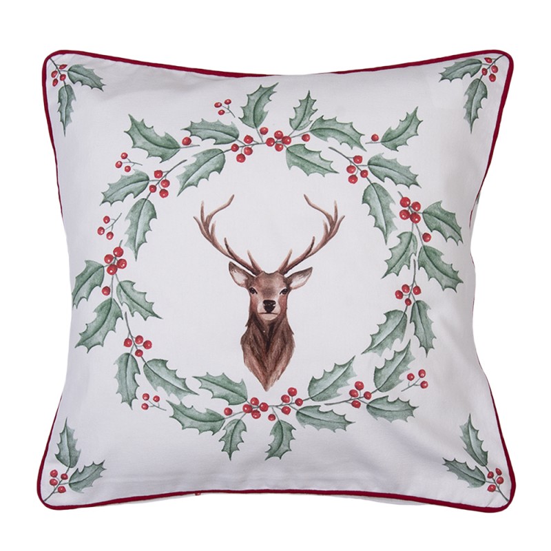 HCH21 Cushion Cover 40x40 cm White Red Cotton Deer Holly Leaves Square Pillow Cover