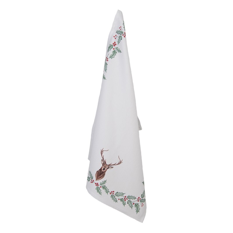HCH42 Tea Towel  50x70 cm White Red Cotton Deer Holly Leaves Kitchen Towel