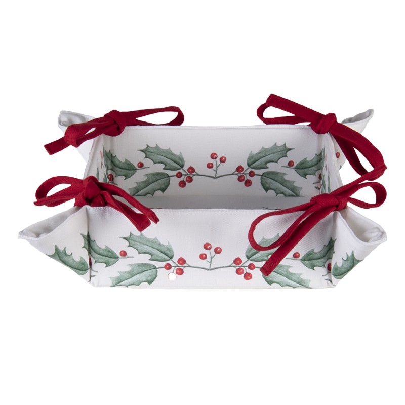 HCH47 Bread Basket 35x35x8 cm White Red Cotton Holly Leaves Square Kitchen Gift