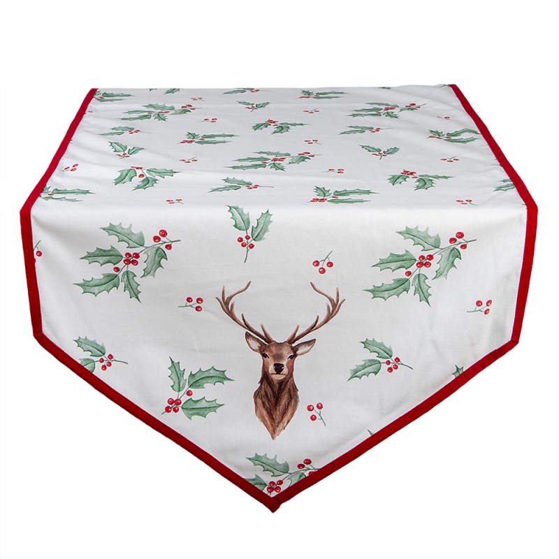 HCH65 Christmas Table Runner 50x160 cm White Red Cotton Deer Holly Leaves Tablecloth