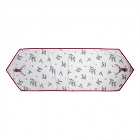 2HCH65 Tafelloper Kerst  50x160 cm Wit Rood Katoen Hert Hulstbladeren Tafelkleed