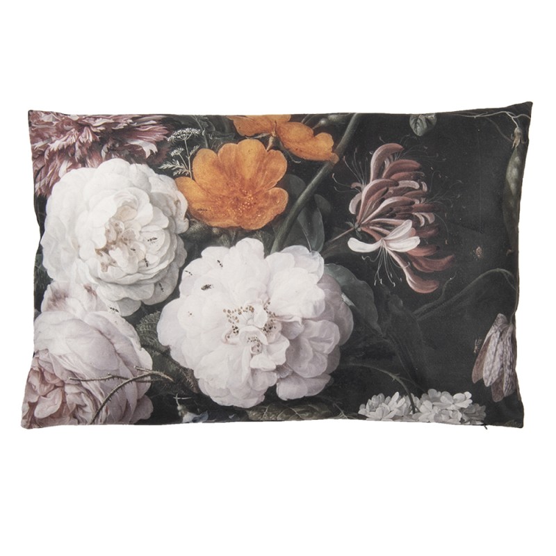 KG036.008 Decorative Cushion 60x40 cm Black White Polyester Flowers Rectangle Cushion Cover with Cushion Filling