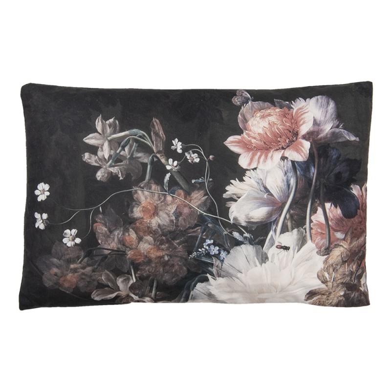 KG036.009 Decorative Cushion 60x40 cm Black White Polyester Flowers Rectangle Cushion Cover with Cushion Filling