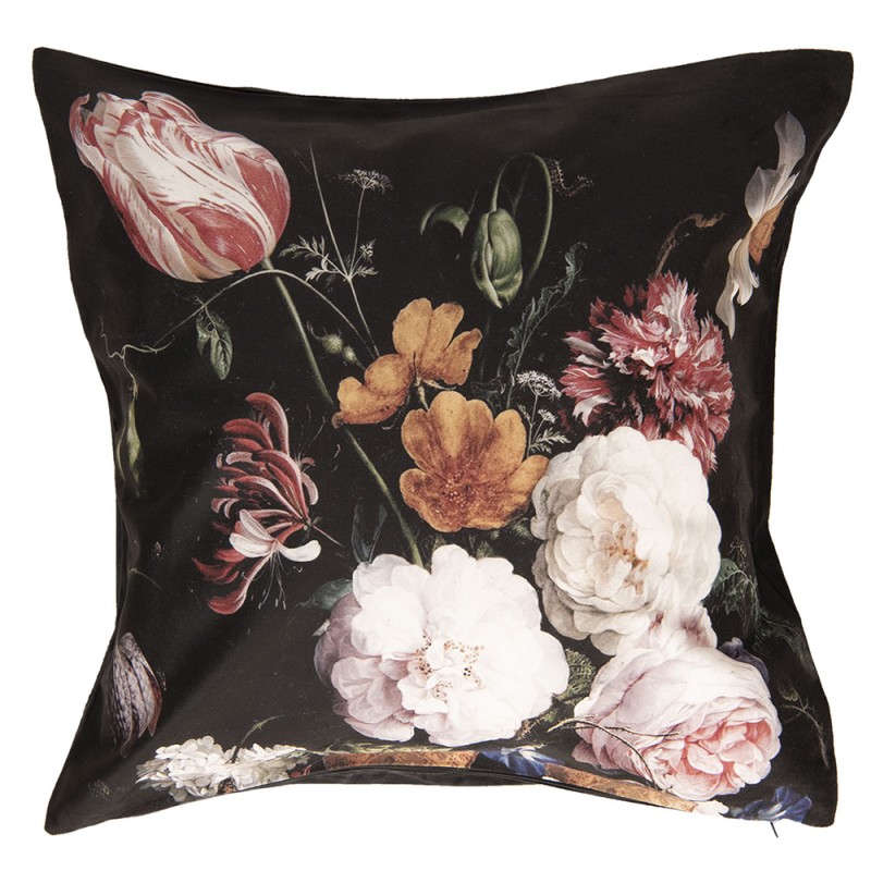 KT021.213 Cushion Cover 45x45 cm Black Red Polyester Flowers Square Pillow Cover