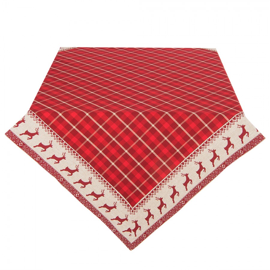NOC01 Quadratisches Weihnachtstischdecke 100x100 cm Hirsche Tischtuch Beige Baumwolle Rot Quadrat