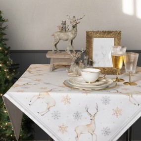 2PCH01 Tischdecke 100x100 cm Weiß Beige Baumwolle Hirsch und Weihnachten Quadrat Tischtuch