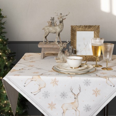 PCH01 Tischdecke 100x100 cm Baumwolle Weihnachten Beige und Tischtuch Hirsch Quadrat Weiß