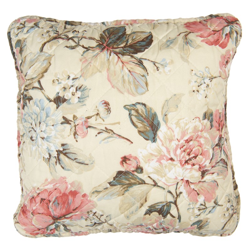 Q190.020 Cushion Cover 40x40 cm Beige Pink Polyester Cotton Flowers Square Pillow Cover