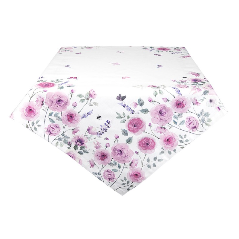 RBU01 Tischdecke 100x100 cm Weiß Violett Baumwolle Rosen Quadrat Tischtuch
