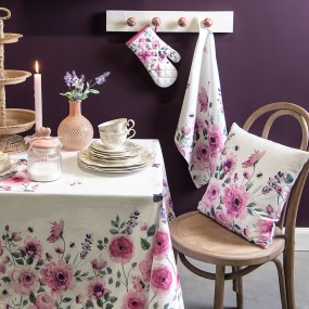 2RBU01 Tischdecke 100x100 cm Weiß Violett Baumwolle Rosen Quadrat Tischtuch