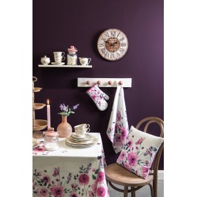 2RBU01 Tischdecke 100x100 cm Weiß Violett Baumwolle Rosen Quadrat Tischtuch