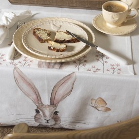 2REB05 Tischdecke 150x250 cm Weiß Braun Baumwolle Kaninchen Rechteck Tischtuch