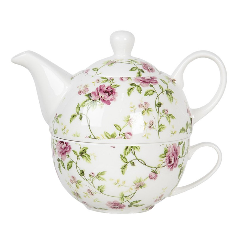 ROTEFO Tea for One 400 ml Blanc Rose Porcelaine Fleurs Rond Ensemble théière