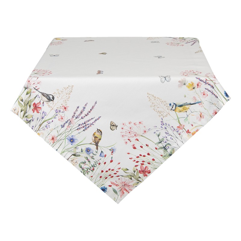 SFL05 Tischdecke 150x250 cm Weiß Grün Baumwolle Blumen Rechteck Tischtuch