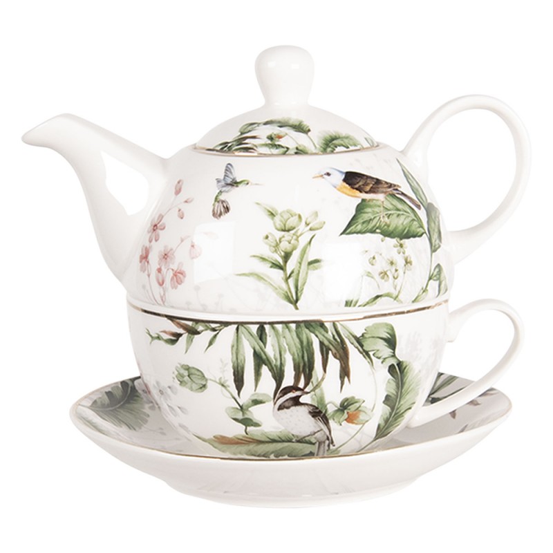 TRBTEFO Tea for One 460 ml White Green Porcelain Birds Tea Set