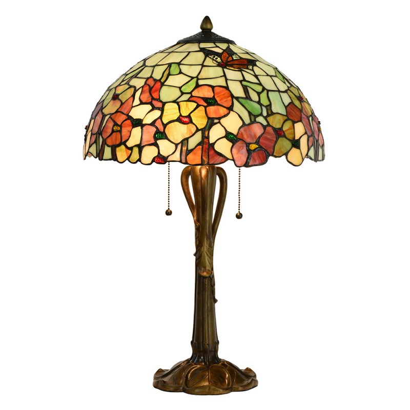 5LL-5981 Lampe de table Tiffany Ø 40x63 cm  Beige Rouge Verre Fleurs Lampe de bureau Tiffany