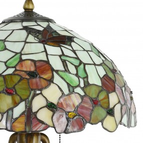 25LL-5981 Tiffany Tafellamp  Ø 40x63 cm  Beige Rood Glas Bloemen Tiffany Bureaulamp