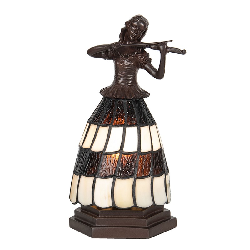 5LL-6047 Tiffany Tafellamp Vrouw 15x15x27 cm Bruin Wit Glas Tiffany Bureaulamp