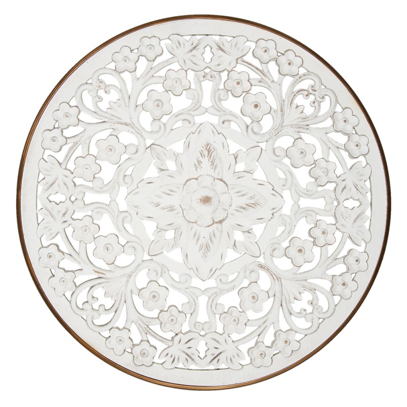 5H0515 Wall Decoration Ø 80x3 cm White Brown Wood Metal Flowers Round Wall Decor