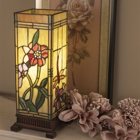 25LL-9224 Lampe de table Tiffany 18x18x45 cm  Beige Rose Verre Fleurs Rectangle Lampe de bureau Tiffany