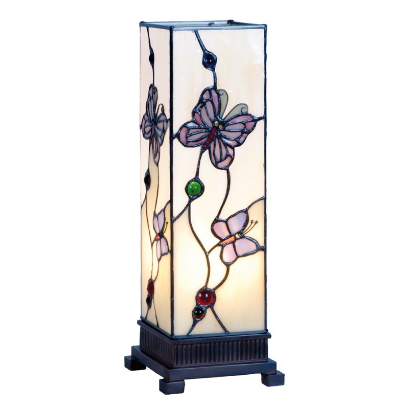 5LL-9301 Tiffany Tafellamp  12x12x35 cm  Wit Roze Glas Vlinder Rechthoek Tiffany Bureaulamp