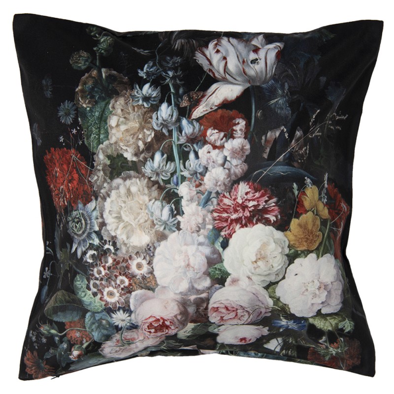 KT021.283 Cushion Cover 45x45 cm Black Polyester Flowers Square Pillow Cover
