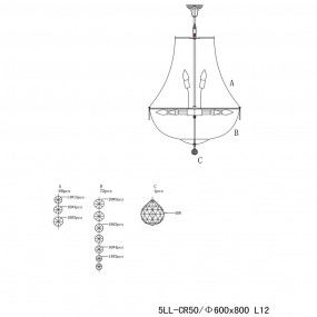 25LL-CR50 Kroonluchter  Ø 60x85-200 cm  Zilverkleurig Ijzer Glas Hanglamp