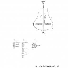 25LL-CR52 Kroonluchter  Ø 60x85-200 cm Zilverkleurig Ijzer Glas Hanglamp