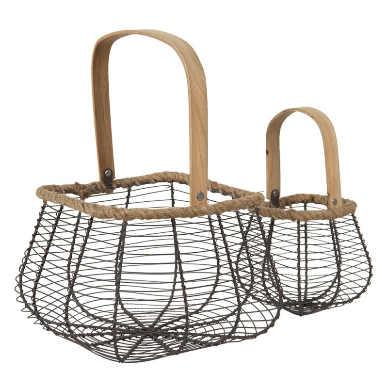6Y4670 Decorative Basket Set of 2 Brown Iron Wood Basket