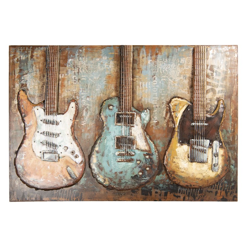5WA0153 Metal Painting 120x80 cm Brown Beige Iron Guitars Rectangle Wall Decor
