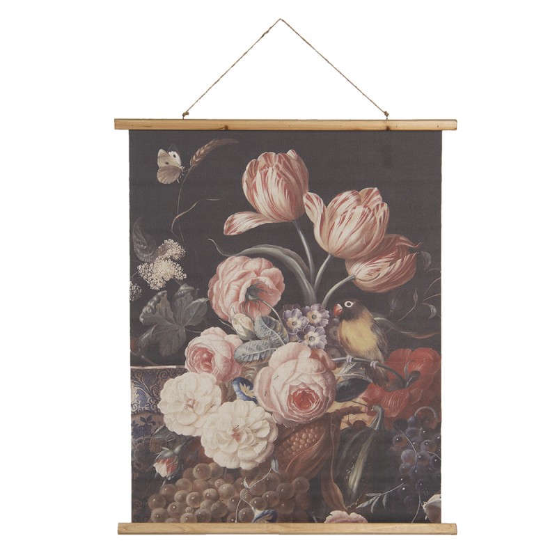 5WK0037 Wall Tapestry 80x100 cm Brown White Wood Textile Flowers Rectangle Wall Hanging
