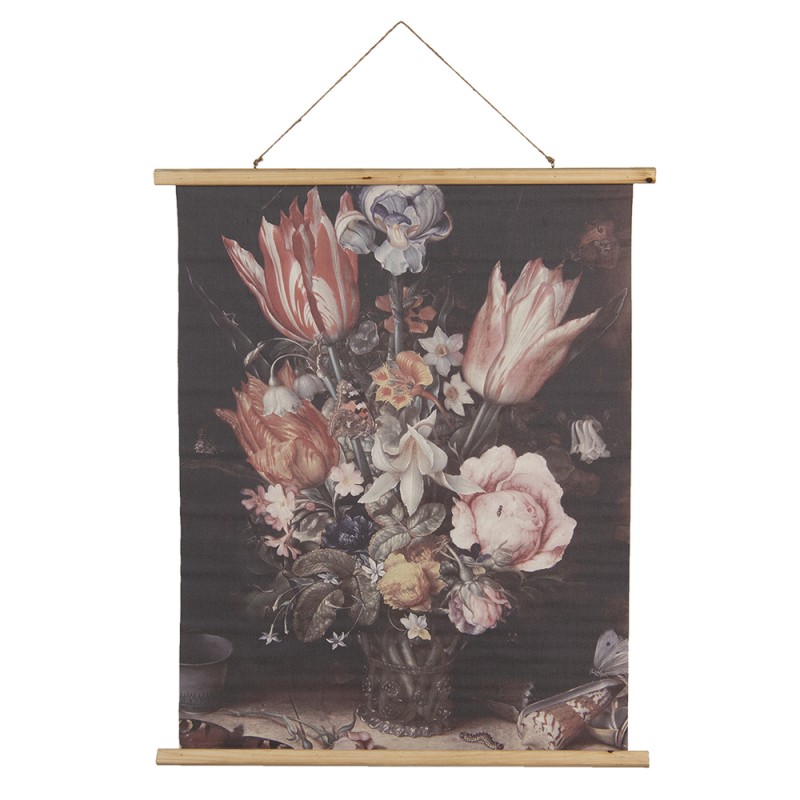 5WK0038 Wanddekoration 80*100 cm Schwarz Rosa Holz Textil Blumen Rechteckig Wandobjekt