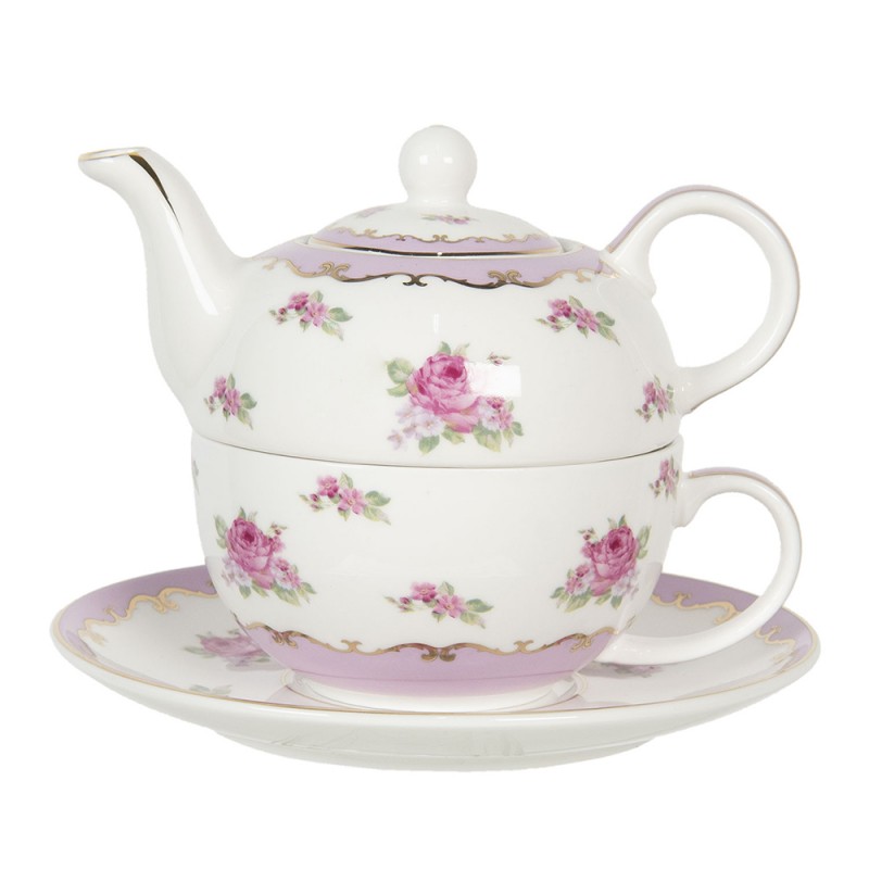 6CE1130 Tea for One 400 ml / 250 ml White Pink Porcelain Round Tea Set