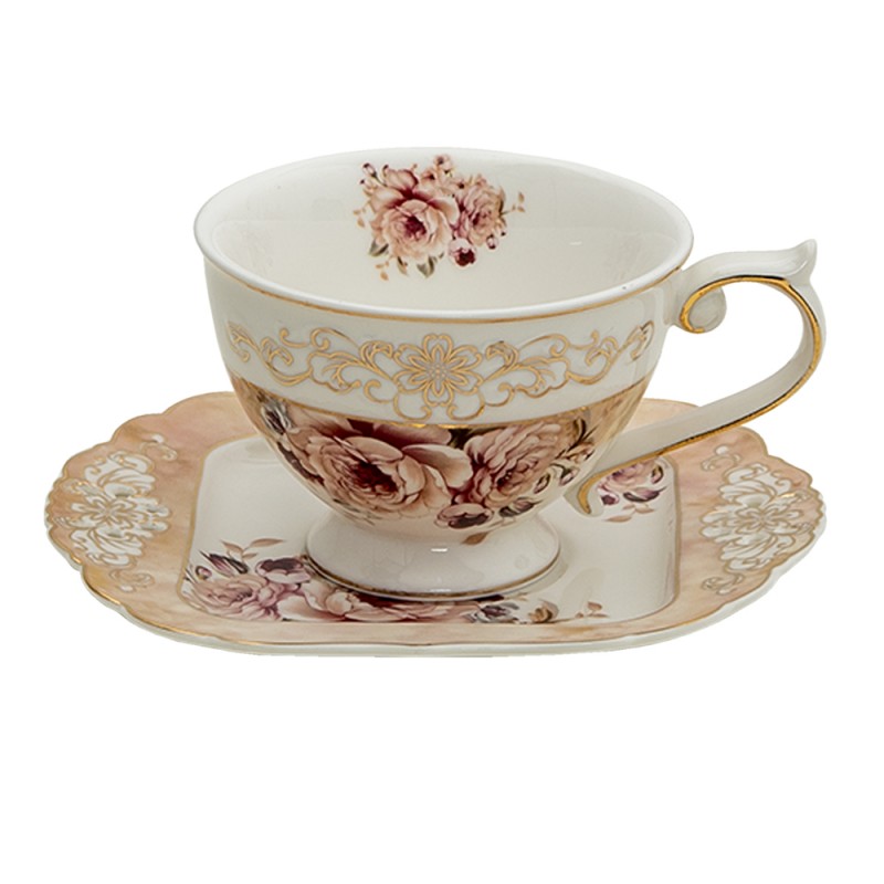 6CE1271 Cup and Saucer 200 ml Pink Beige Porcelain Flowers Round Tableware