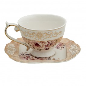 26CE1271 Cup and Saucer 200 ml Pink Beige Porcelain Flowers Round Tableware
