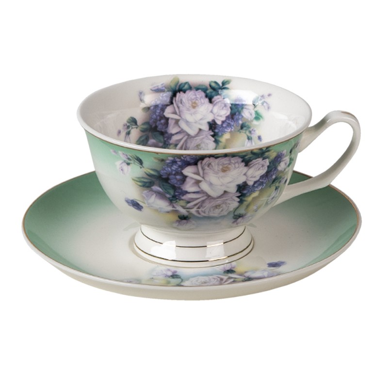 6CE1276 Cup and Saucer 200 ml Green White Porcelain Flowers Round Tableware