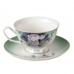 26CE1276 Cup and Saucer 200 ml Green White Porcelain Flowers Round Tableware