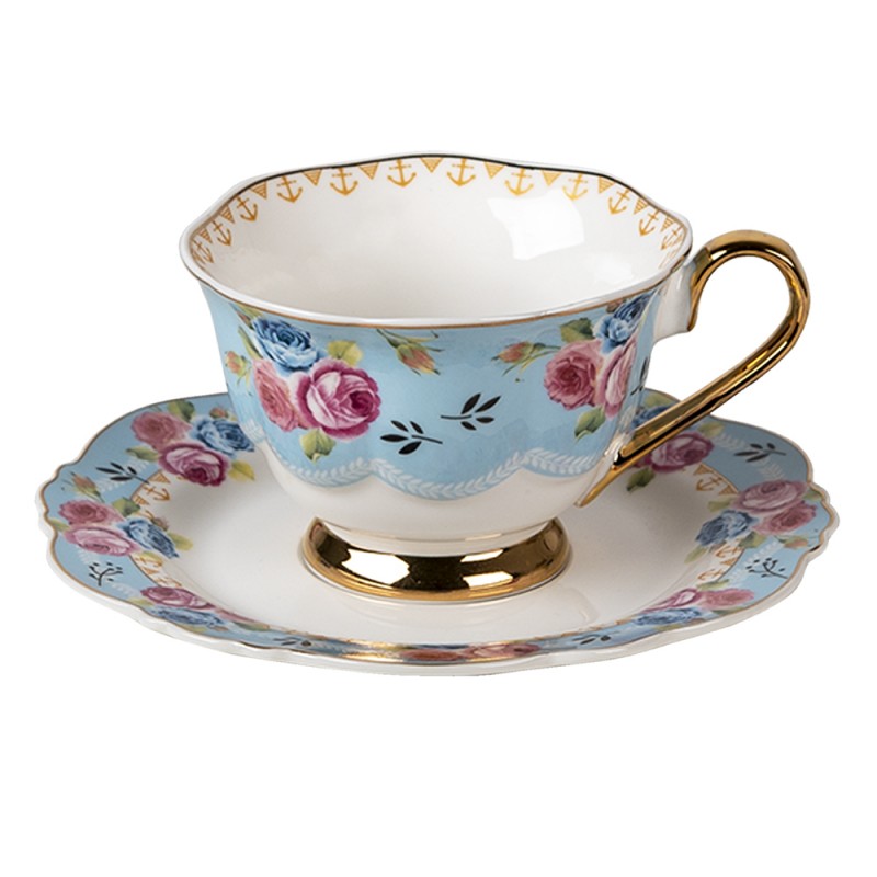 6CE1278 Cup and Saucer 160 ml Blue White Porcelain Flowers Round Tableware