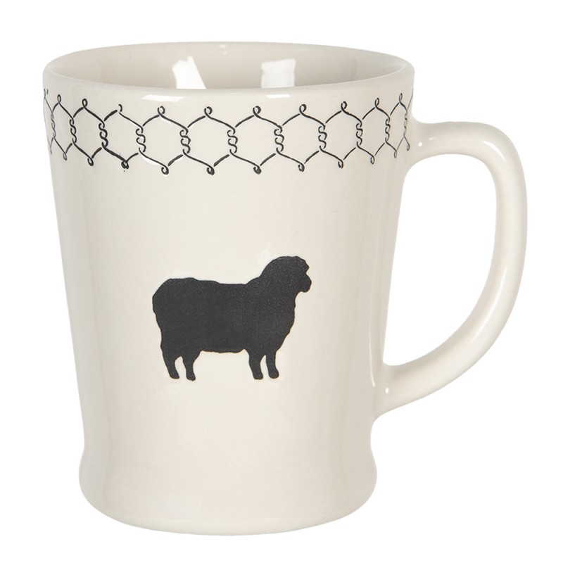 6CEMU0094 Mug 300 ml Beige Black Ceramic Sheep Round Tea Mug