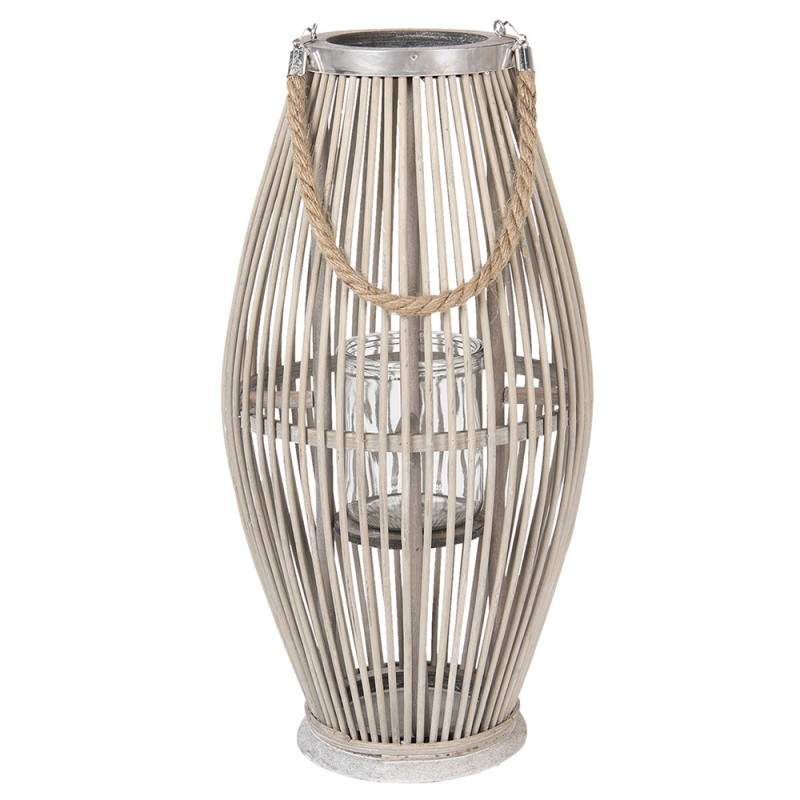 6RO0470L Wind Light Ø 25x50 cm Grey Wood Glass Round Candlestick