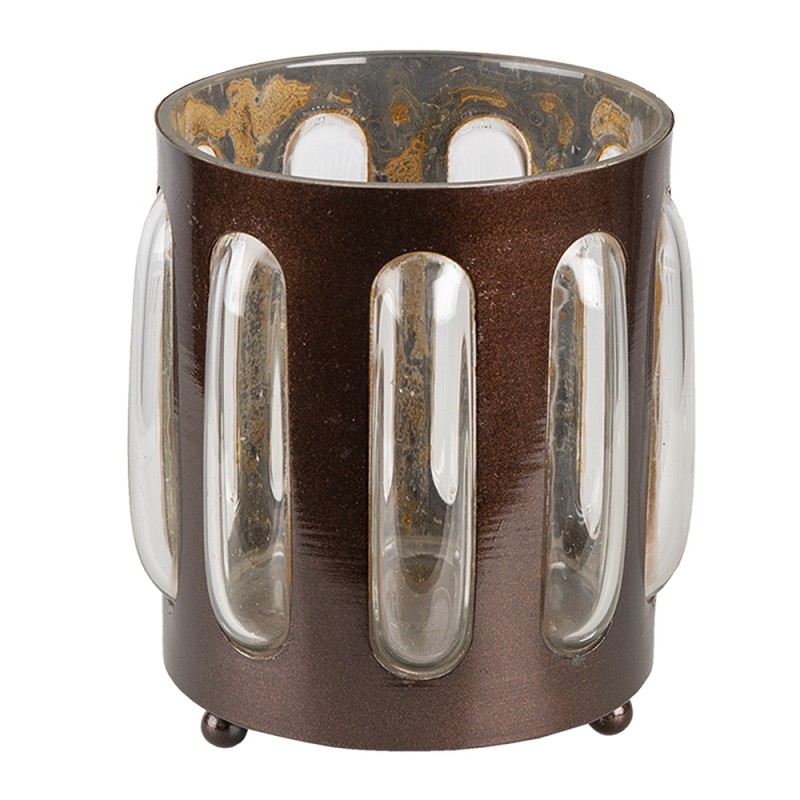 6Y4628 Tealight Holder Ø 14x13 cm Brown Iron Glass Round Tea-light Holder