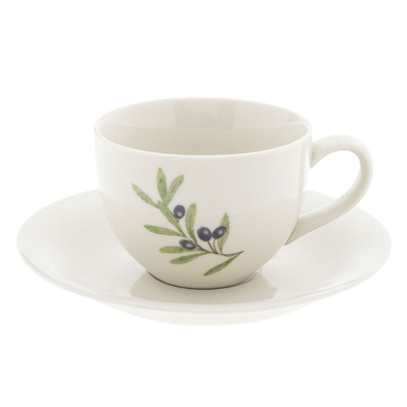 OLGKS Cup and Saucer 200 ml Beige Blue Ceramic Olive Branch Round Tableware