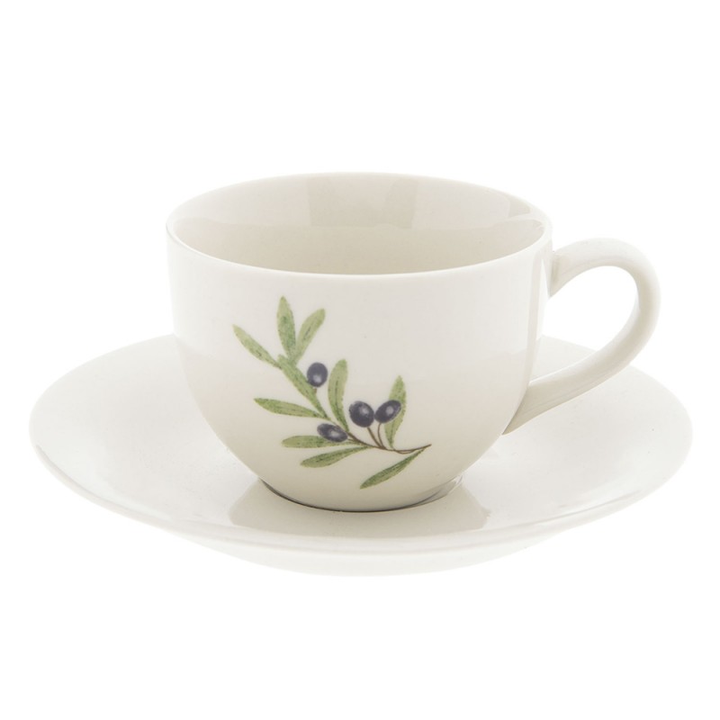 OLGKS Tazza e piattino 200 ml Beige Blu  Ceramica Ramo d'olivo Rotondo Stoviglie