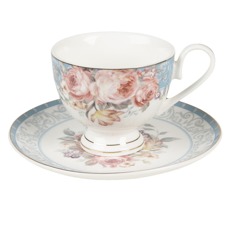 PECKS-2 Cup and Saucer 200 ml White Blue Porcelain Flowers Tableware