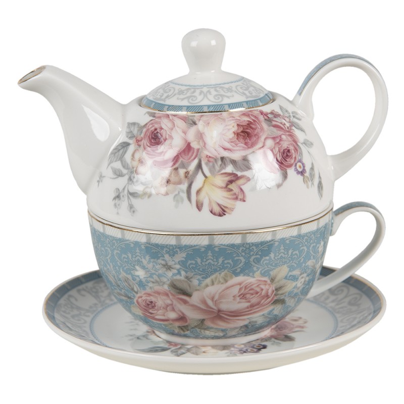 PECTEFO Tea for One 400 ml Blau Weiß Porzellan Blumen Teekanne-Set