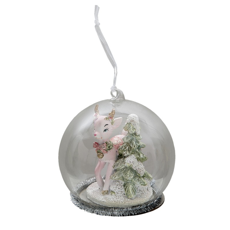 6PR3483 Christmas Bauble Deer 10 cm Pink Glass Plastic Round Christmas Decoration