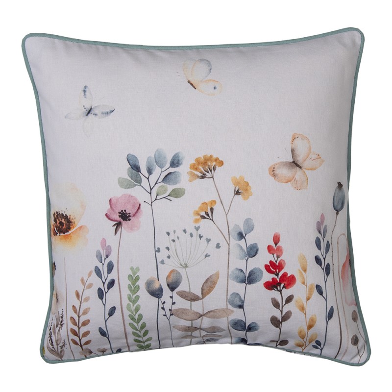 FOB21 Cushion Cover 40x40 cm White Green Cotton Flowers Square Pillow Cover