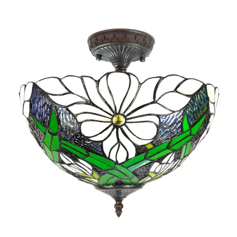 5LL-6139 Plafondlamp Tiffany  Ø 36x35 cm Wit Groen Kunststof Glas Plafonniere